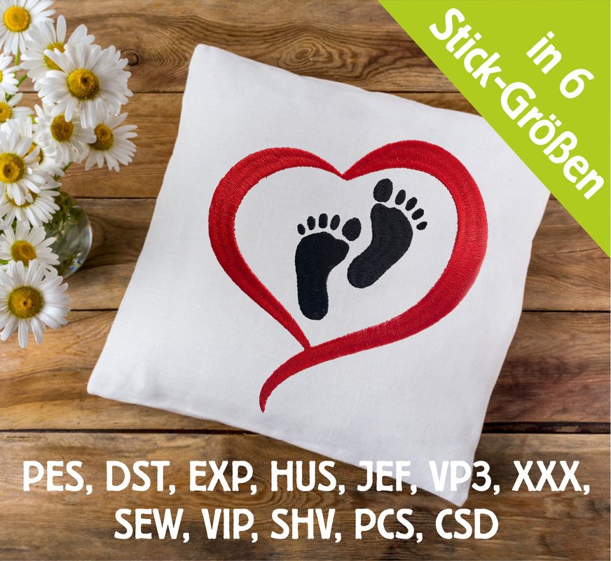 Stickdatei Baby Füßchen im Herz in 6 Größen, Maschinenstickdatei