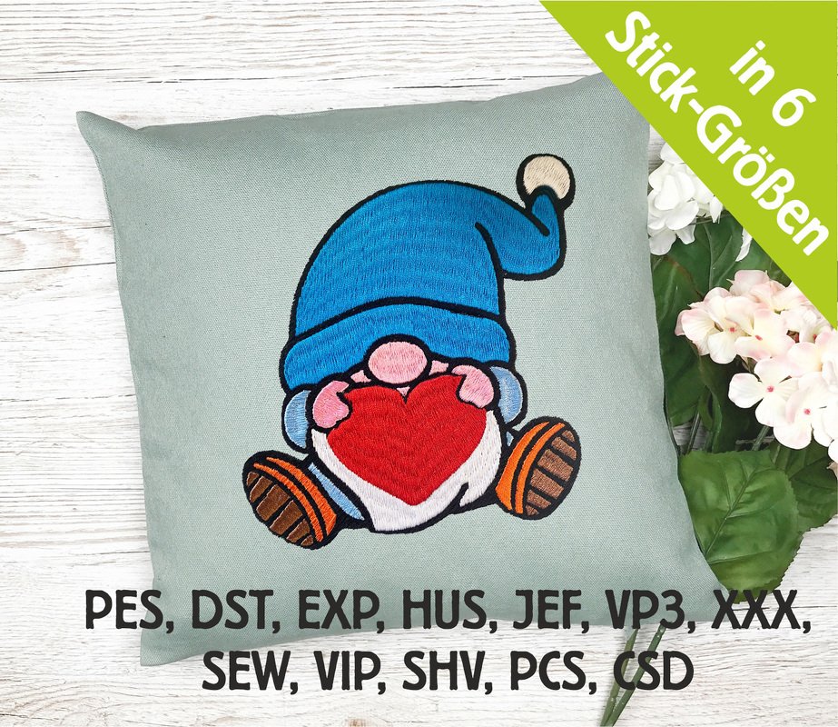 Stickdatei Gnom mit Herz in 6 Größen, Maschinenstickdatei