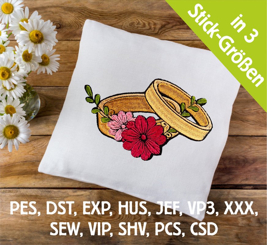 Stickdatei Ehe-Ringe mit Blumen in 6 Größen, Maschinenstickdatei