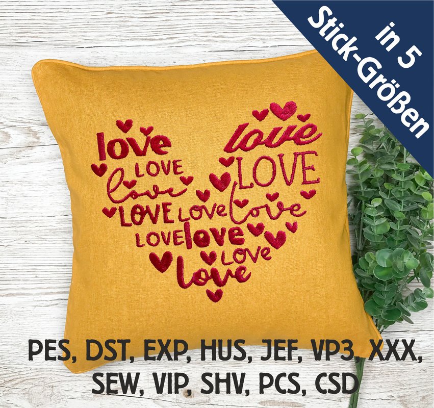 Stickdatei LOVE Schriften im Herz in 5 Größen, Maschinenstickdatei