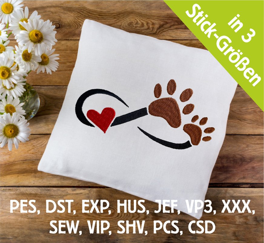 Stickdatei Pfoten Schnörkel mit Herz in 6 Größen, Maschinenstickdatei