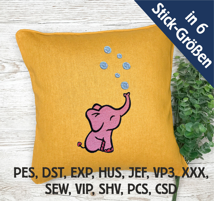 Stickdatei Elefant mit Blasen in 6 Größen, Maschinenstickdatei