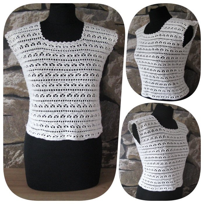 Weißes gehäkeltes Damen-Top mit Lochmuster und quadratischem Ausschnitt auf schwarzer Schaufensterpuppe, Vorder- und Seitenansichten