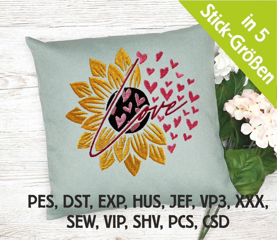 Stickdatei Sonnenblume Love in 5 Größen, Maschinenstickdatei