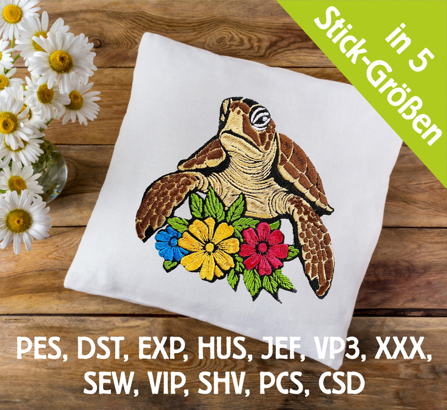 Stickdatei Schildkröte floral in 5 Größen, Maschinenstickdatei