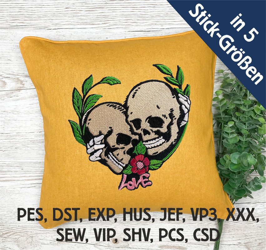 Stickdatei Totenkopf Love in 5 Größen, Maschinenstickdatei