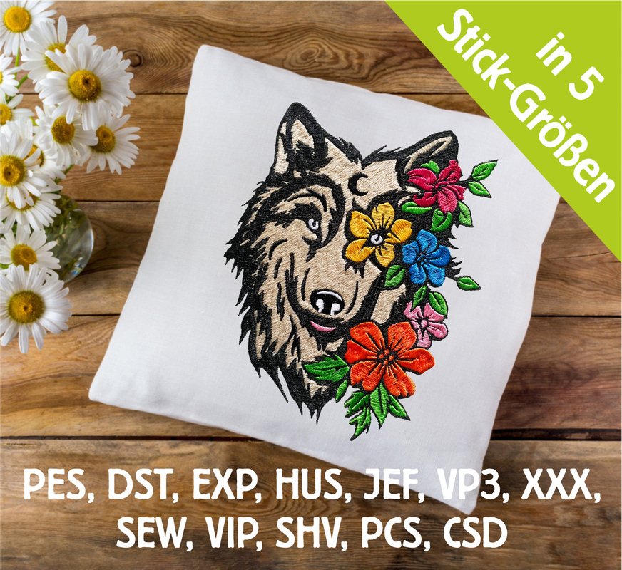 Stickdatei Wolf floral in 5 Größen, Maschinenstickdatei