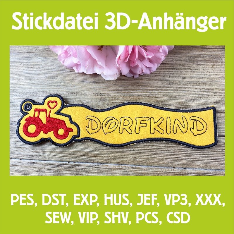 Stickdatei 3D-Anhänger DORFKIND, Maschinenstickdatei
