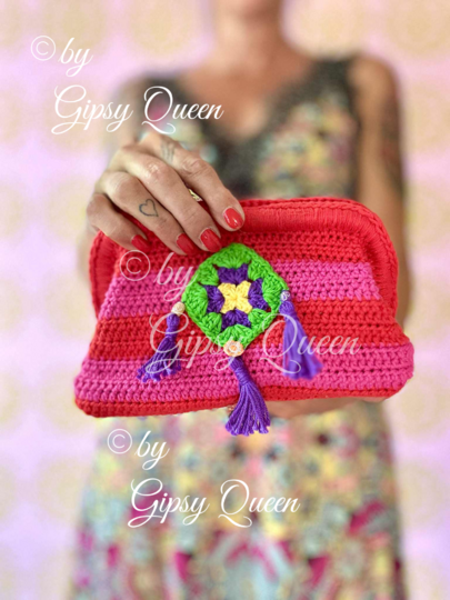 Boho Chic Clutch häkeln – Häkelanleitung Tasche PDF, Kosmetiktasche