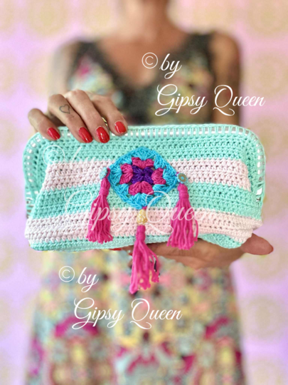 Boho Chic Clutch häkeln – Häkelanleitung Tasche PDF, Kosmetiktasche