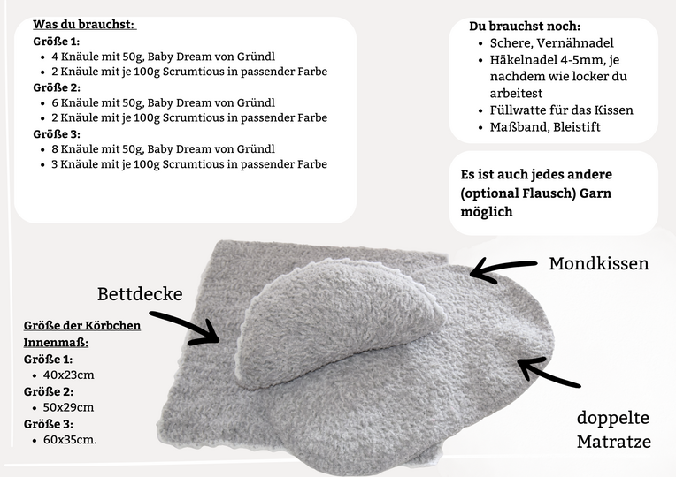 + ANNI + Innenset für das Puppenmoseskörbchen, Mondkissen, Matratze, Decke