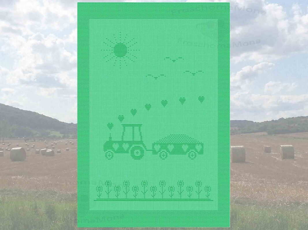 Rechteckige gestrickte Babydecke mit Traktor-, Sonnen- und Blumenmustern