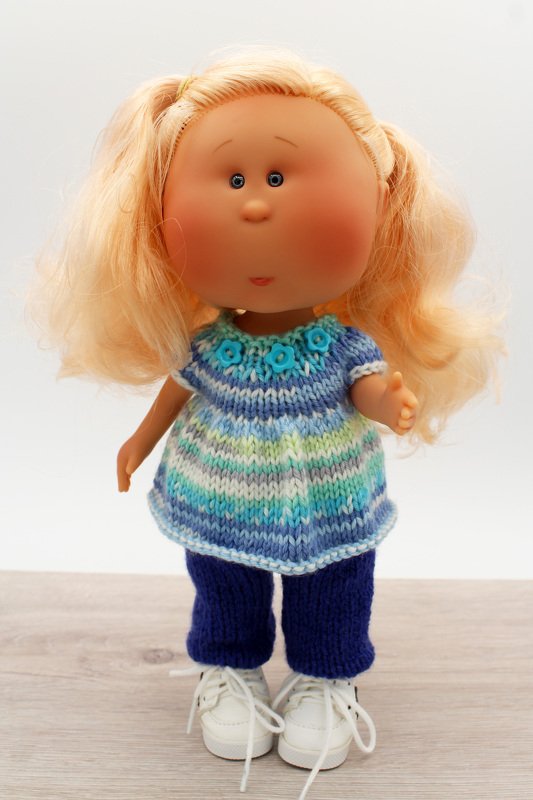 Knitting patterns for two cute dresses, top and pants for 12"/30cm doll