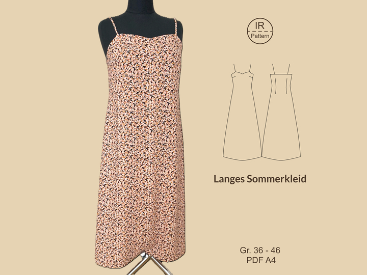 Langes Kleid mit Spaghettiträgern / PDF Schnittmuster Größen 36-46