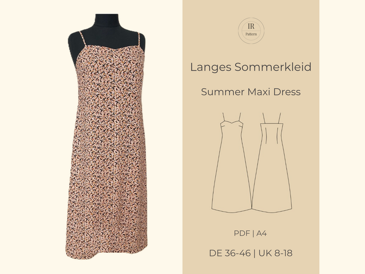 Long dress with spaghetti straps / PDF sewing pattern sizes 8–18