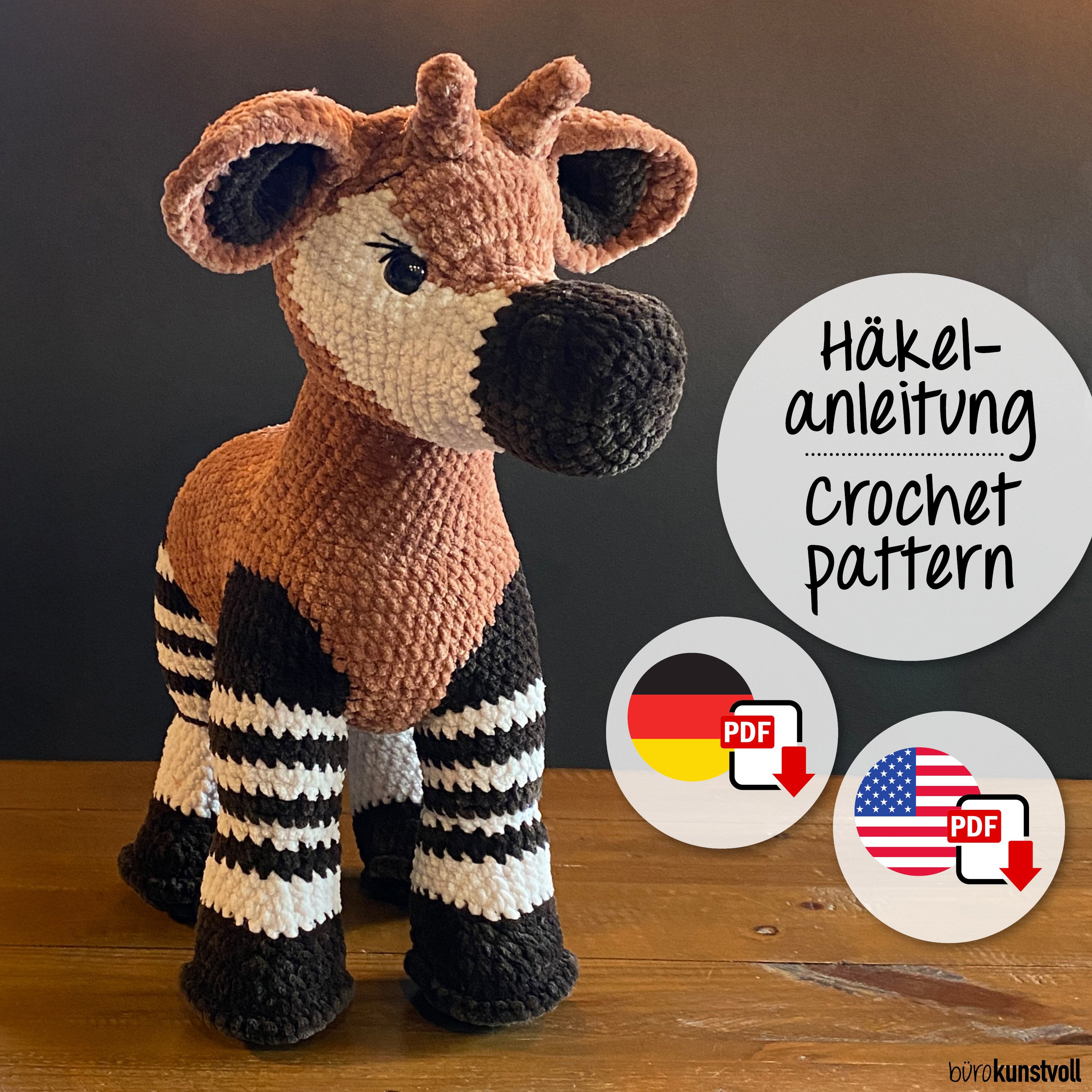 PDF Crochet pattern GER/ENG for „Zola the okapi“, Design by @buerokunstvoll