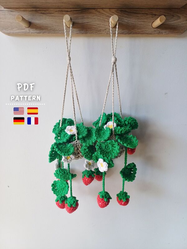 Crochet Pattern, Hanging Strawberry Flower Basket