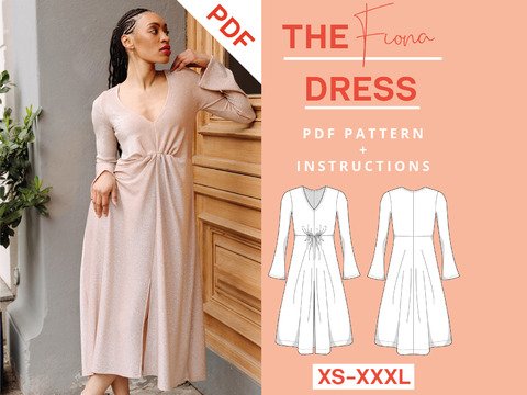 Jersey Midikleid Schnittmuster Damen XS-XXXL Trompetenärmel und Schlitz