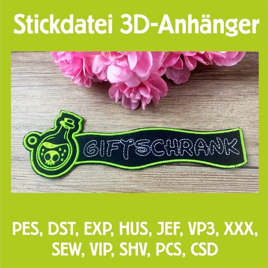 Stickdatei 3D-Anhänger GIFTSCHRANK, Maschinenstickdatei