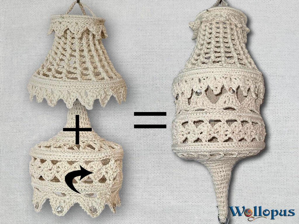 Oben- und Unterteil eines gehäkelten Lampions nebeneinander mit grafischen Symbolen; daneben das zusammengesetzte Lampion