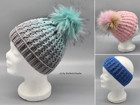 Häkelanleitung 2er Set Mütze oder Stirnband "Diamant" Damen oder Herren