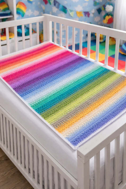 Bunte gehäkelte Regenbogen-Babydecke ausgebreitet in einem weißen Gitterbett