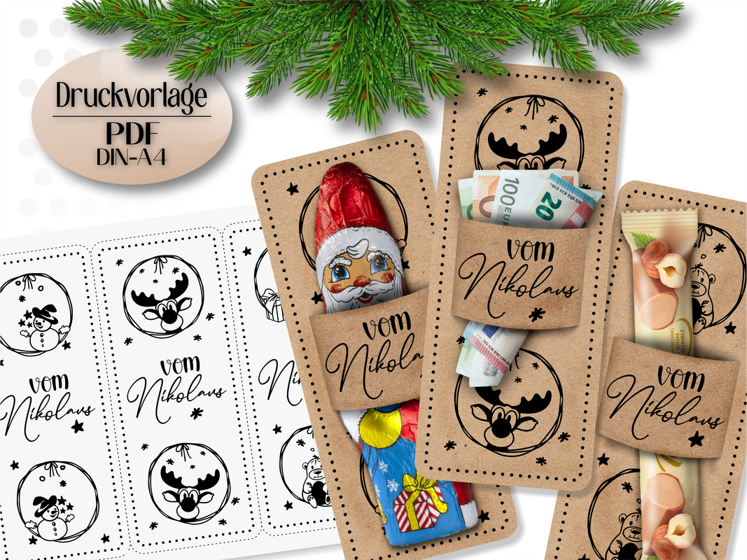 Druckvorlage vom Nikolaus Schokoladenverpackung Gutscheinverpackung PDF