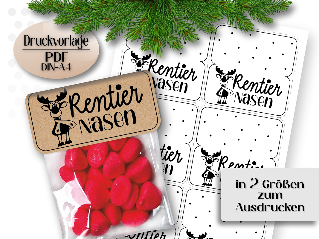 Druckvorlage PDF Rentiernasen Tütenverschluss Tütenklappe