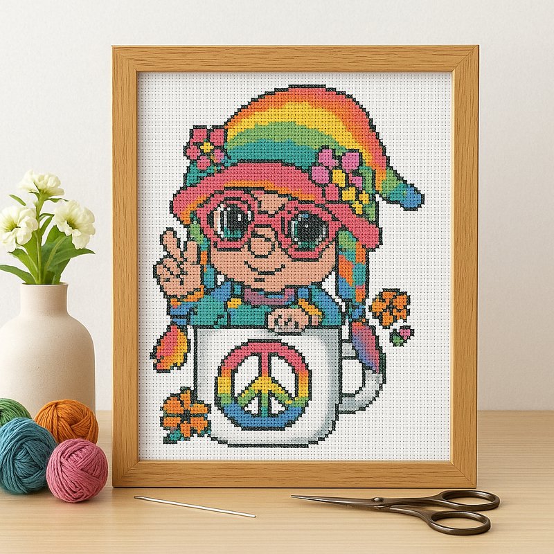 Cute Hippie Gnome on Cup Cross Stitch Pattern | Rainbow Peace Mug PDF