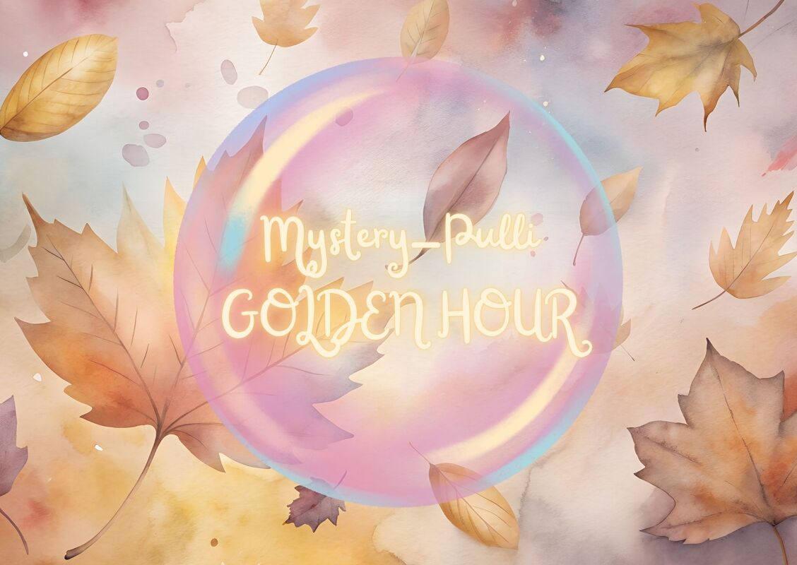 Titelgrafik mit pastellfarbenen Herbstblättern und dem Text „Mystery-Pulli GOLDEN HOUR“ in einer transparenten Blase.