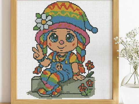 Rainbow Hippie Gnome Cross Stitch Pattern | Peace and Love Embroidery PDF