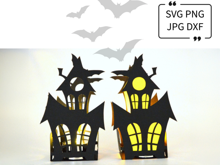 Plotterdatei Haus Gruselhaus Halloween Fledermaus Teelicht