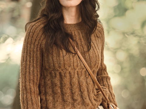 Raglanpulli mit Zopf- und Rippenmuster