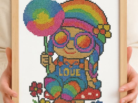 Hippie Gnome Cross Stitch Pattern | Rainbow Peace Gnome with Dandelion