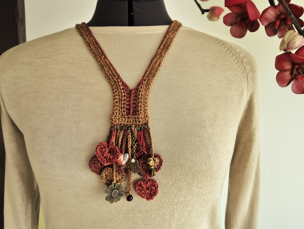 Boho-Halskette aus gehäkelten Blüten und Quasten in Braun- und Rottönen mit Perlen und Metallanhängern an hellem Pullover