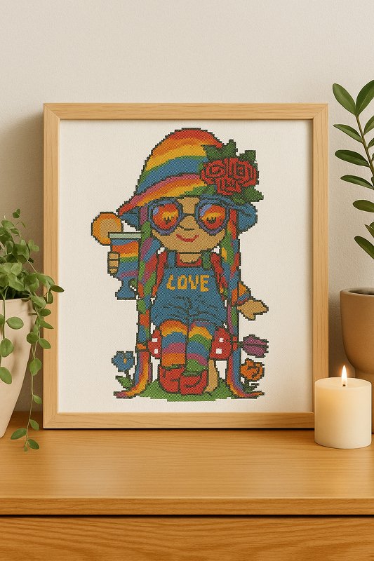 Rainbow Hippie Gnome Cross Stitch Pattern | PDF Embroidery Chart with Drink