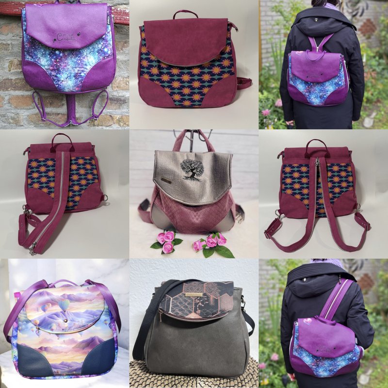 Collage mit neun handgenähten Rucksäcken und Taschen in unterschiedlichen Mustern und Farben.