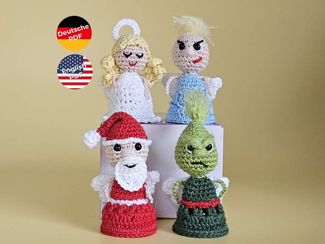 4er Set Baumschmuck - Weihnachtsmann, Engel, Grummel und (B)Engel - Häkeln