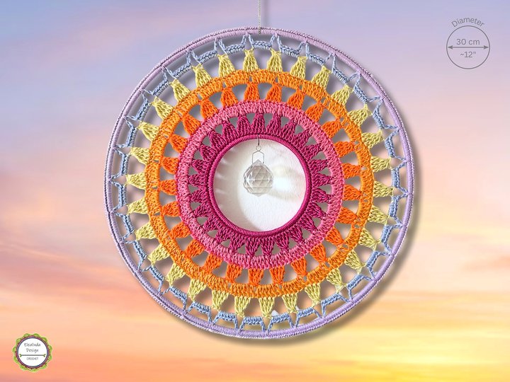 Crochet Pattern Suncatcher “Sunrise” 30 cm, Dreamcatcher with Crystal