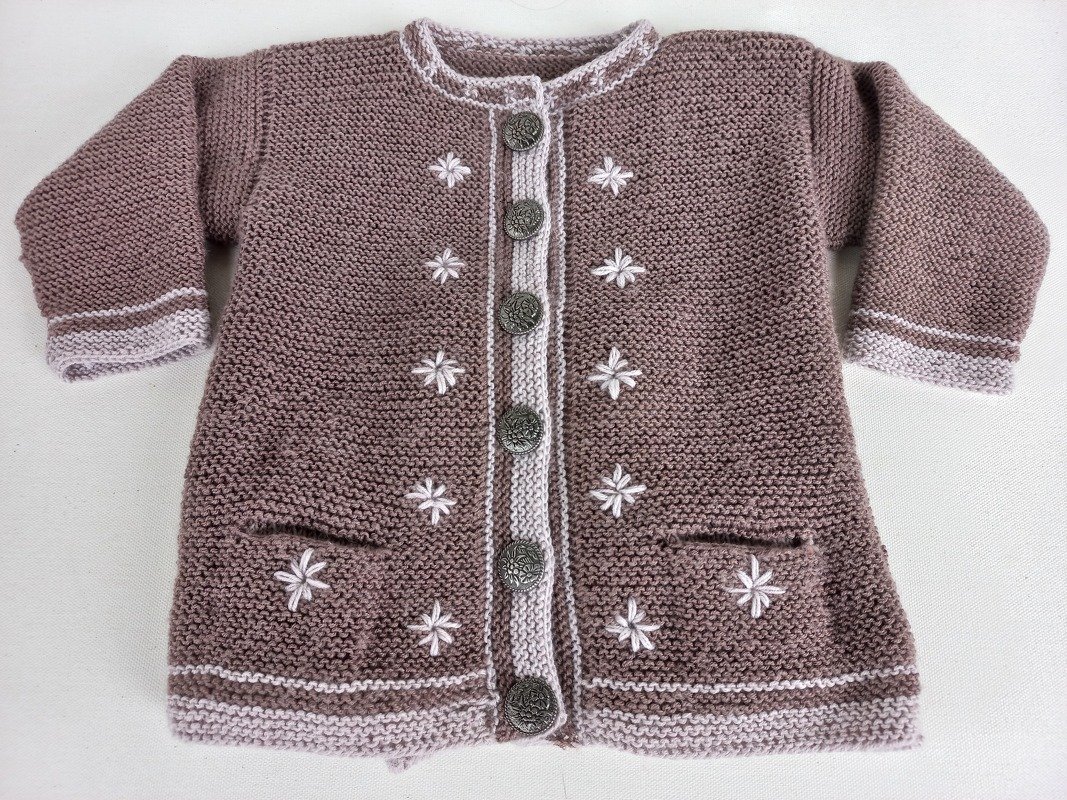 Strickanleitung Kindertrachtenjacke, 80-86, 12-18 M, Kellerfalte u. Taschen