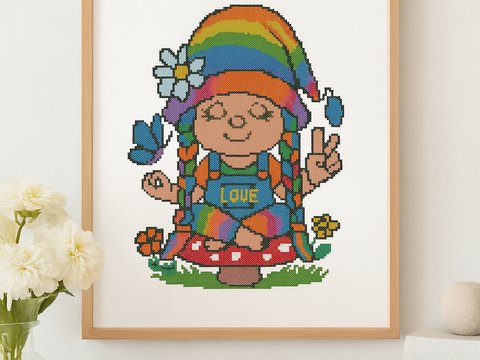 Rainbow Gnome Cross Stitch Pattern | Peace & Love Embroidery PDF