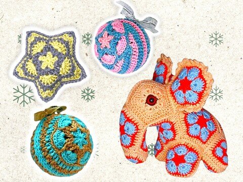 African Flowers Christmas Set – Elephant Baubles & Star 5 PDFs