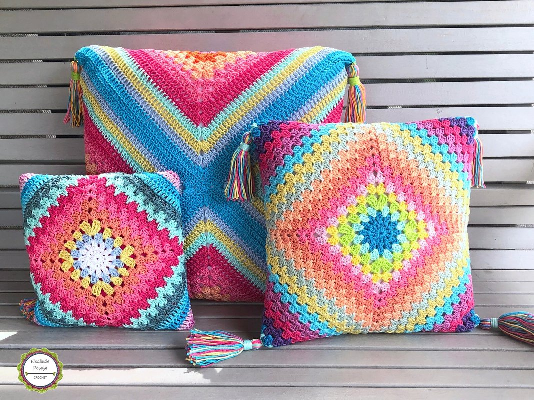 Granny Square Kissen "Boho Dreams", Hippie Style Häkelkissen Häkelanleitung