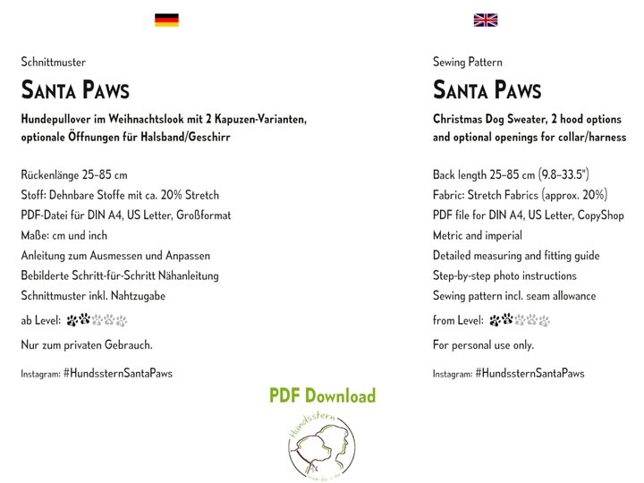 SANTA PAWS Hunde-Weihnachtspullover, Gr. XS–XXL, Anleitung+Schnitt