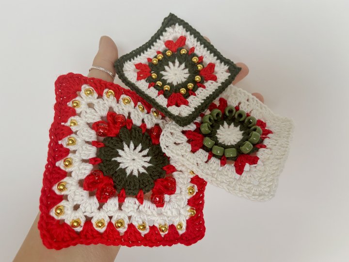 Beaded Christmas Granny Square Crochet Pattern Xmas Grannie Square Grannies