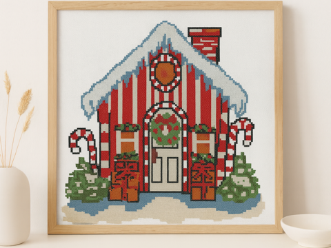 Christmas Candy House Cross Stitch Pattern – Festive Holiday Embroidery PDF