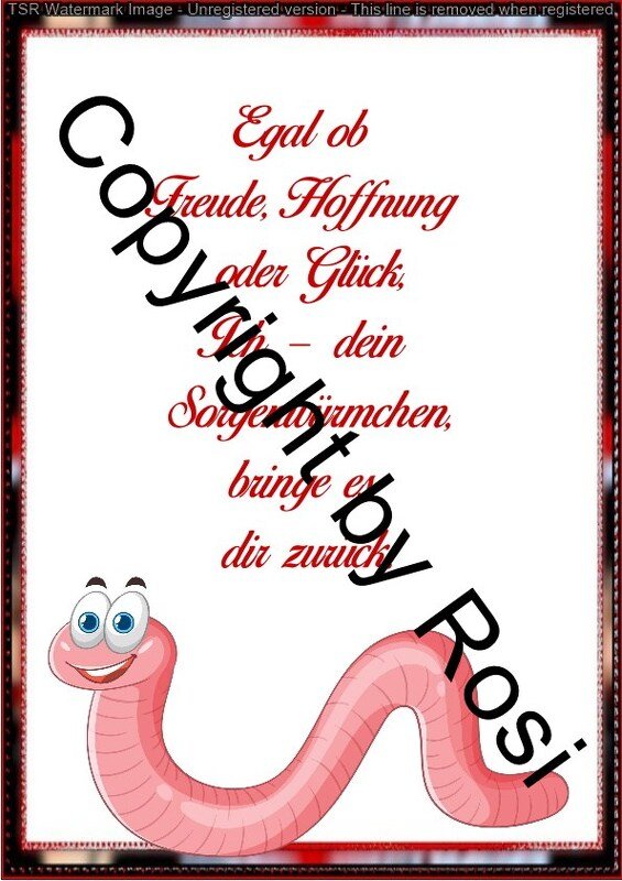 Druckvorlage eines rosafarbenen Sorgenwürmchens und einem deutschen Gedicht.