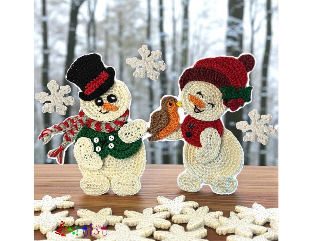 Snowman Duo crochet applique