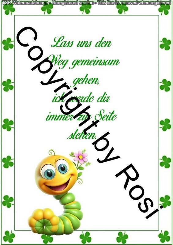 Fröhliche grüne Raupe mit rosa Blume, eingerahmt von vierblättrigen Kleeblättern und Freundschaftsspruch