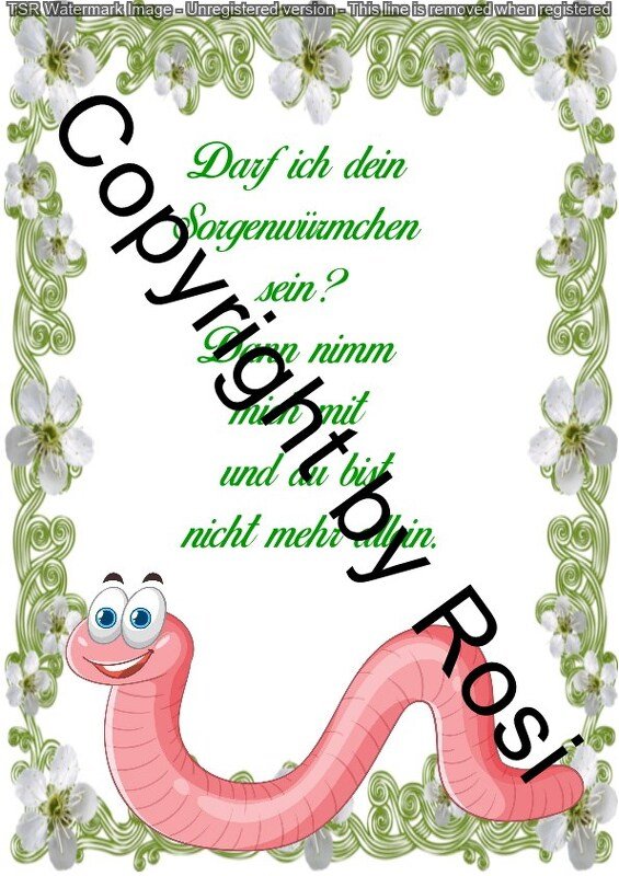 Weiße Karte mit grünem Blumenornamentrahmen, grüner kursiver Schrift 'Darf ich dein Sorgenwürmchen sein?' und rosa Comic-Wurm unten